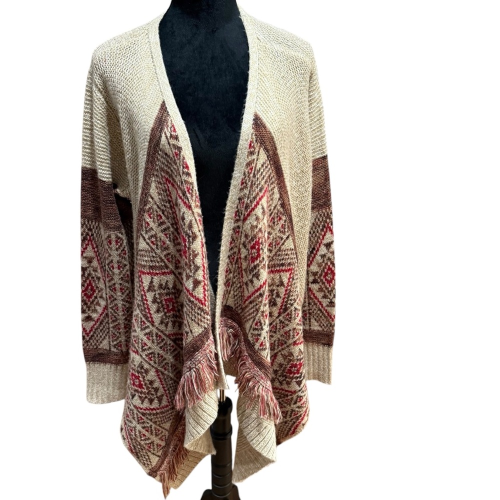 Lucky Brand Sweater Womans XL Southwestern Aztec Knit Tan Red Open Front Long